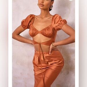 Pretty Garbage Burnt Orange Satin Puff Sleeve Wrap Detail Bralet